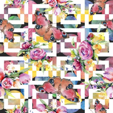 Buketler çiçek botanik çiçekler. Vahşi bahar yaprak kır çiçeği. Suluboya resim kümesi. Suluboya çizim moda aquarelle. Sorunsuz arka plan deseni. Kumaş duvar kağıdı yazdırma doku.