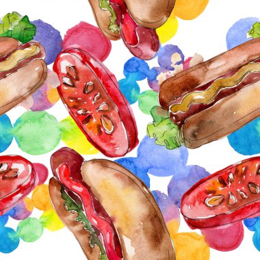 Sosisli sandviç lokanta illüstrasyon. Suluboya arka plan illüstrasyon küme. Suluboya çizim moda aquarelle izole. Sorunsuz arka plan deseni. Kumaş duvar kağıdı yazdırma doku.