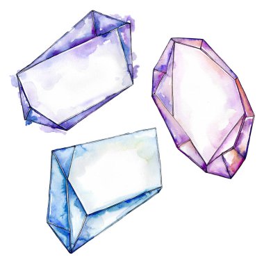 Renkli taş takı mineraller. Geometrik kuvars çokgen kristal taş mozaik şekil Ametist mücevher. Suluboya arka plan illüstrasyon küme. Suluboya çizim moda aquarelle izole.