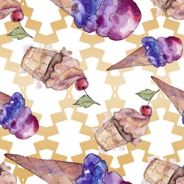 Sulu Boya stilinde lezzetli dondurma. Aquarelle şekerli tatlı şekilde ayarlayın. Suluboya çizim moda. Sorunsuz arka plan deseni. Kumaş duvar kağıdı yazdırma doku.