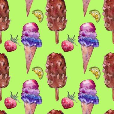Sulu Boya stilinde lezzetli dondurma. Aquarelle şekerli tatlı şekilde ayarlayın. Suluboya çizim moda. Sorunsuz arka plan deseni. Kumaş duvar kağıdı yazdırma doku.
