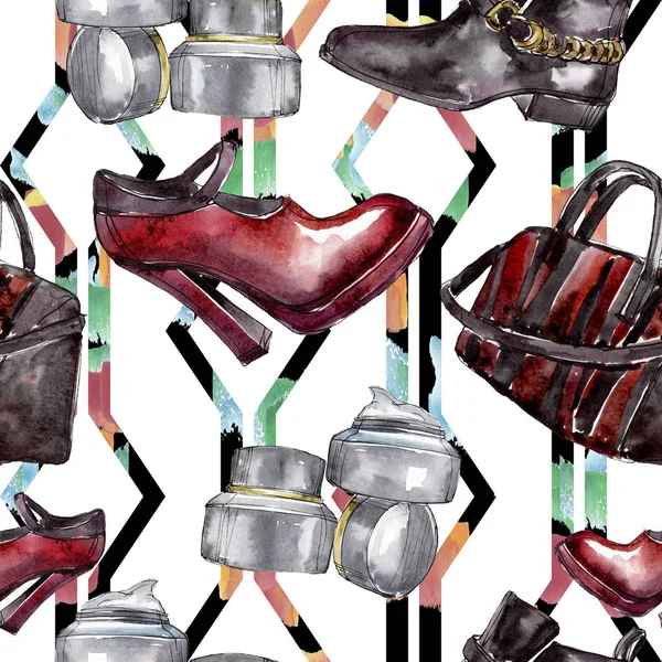 Moda kroki glamour çizimde bir suluboya stil aquarelle öğesi. Giyim Aksesuarları moda kıyafet ayarlayın. Suluboya sorunsuz arka plan deseni ayarlayın. Kumaş duvar kağıdı yazdırma doku.