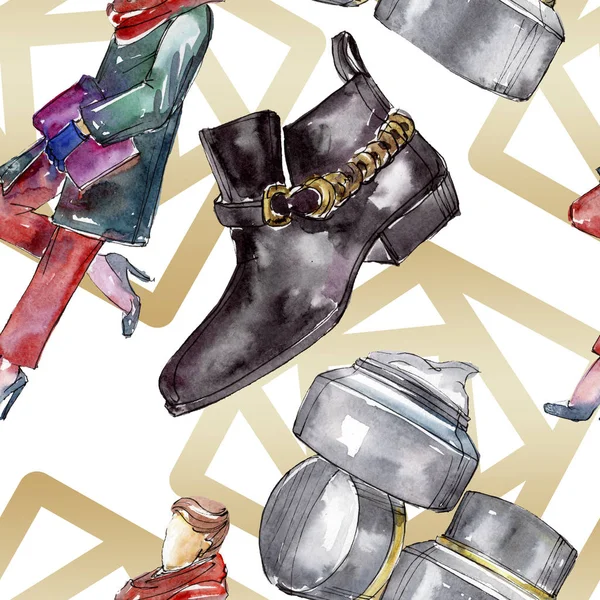 Moda kroki glamour çizimde bir suluboya stil aquarelle öğesi. Giyim Aksesuarları moda kıyafet ayarlayın. Suluboya sorunsuz arka plan deseni ayarlayın. Kumaş duvar kağıdı yazdırma doku.