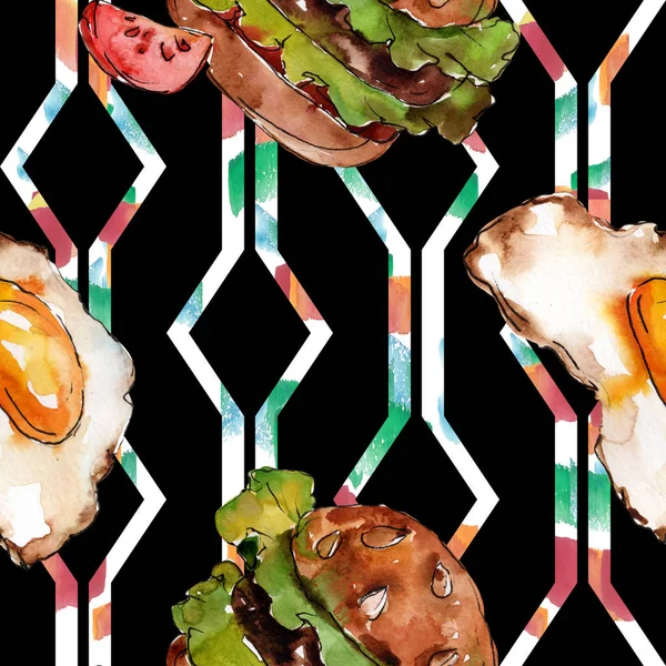 汉堡三明治在水彩样式隔离集合 水彩画快餐插画元素 无缝的水上背景图案 织物壁纸打印纹理 — 图库照片