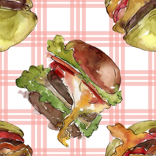 分離された水彩風のハンバーガー サンドイッチを設定します 水彩ファーストフードの図要素 シームレスな Aquarelle 背景パターン 壁紙印刷手触りの生地 — ストック写真