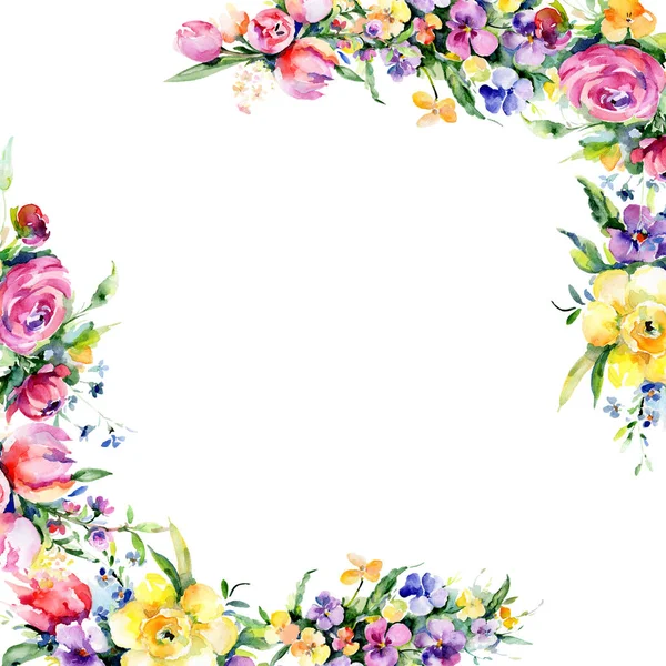 Buketler çiçek botanik çiçekler. Vahşi bahar yaprak izole kır çiçeği. Suluboya arka plan illüstrasyon küme. Suluboya çizim moda aquarelle izole. Çerçeve kenarlığı süsleme Meydanı.
