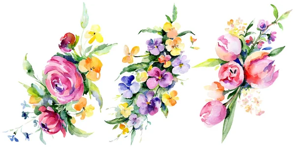Buketler çiçek botanik çiçekler. Vahşi bahar yaprak izole kır çiçeği. Suluboya arka plan illüstrasyon küme. Suluboya çizim moda aquarelle izole. İzole buket illüstrasyon öğesi.