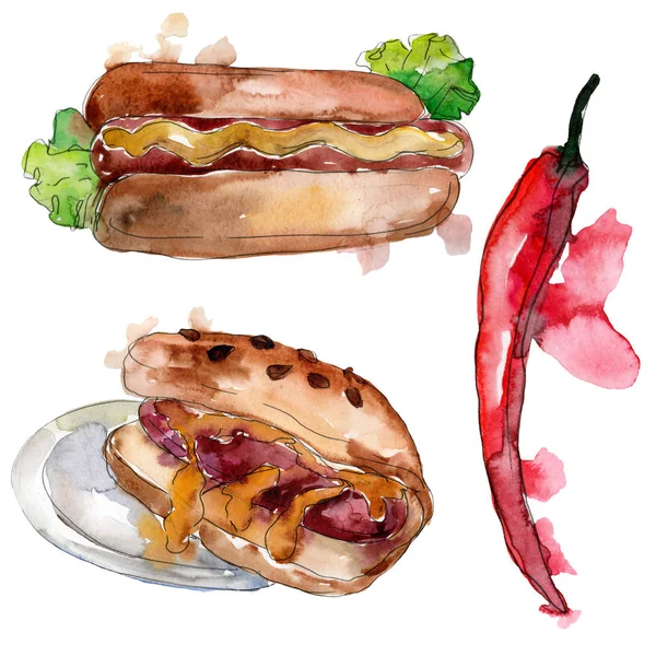 Hot Dog Fast Food Białym Tle Akwarela Zestaw Ilustracji Tła — Zdjęcie stockowe