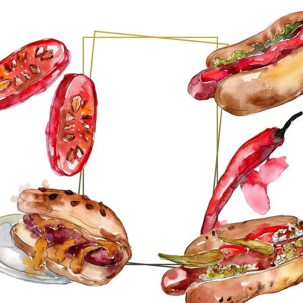 Hot Dog Fast Food Isolado Conjunto Ilustração Fundo Aquarela Aquarelle — Fotografia de Stock