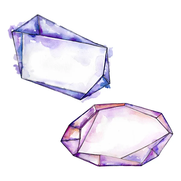 Renkli taş takı mineraller. Geometrik kuvars çokgen kristal taş mozaik şekil Ametist mücevher. Suluboya arka plan illüstrasyon küme. Suluboya çizim moda aquarelle izole.