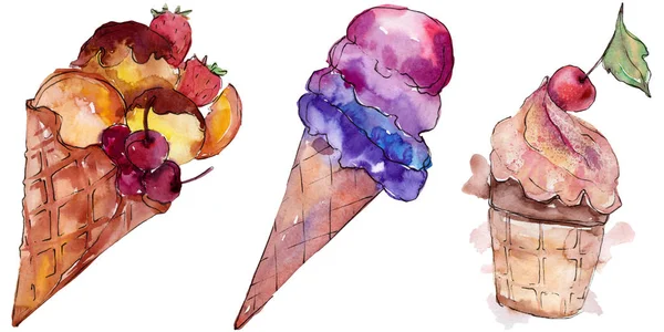 Tasty ice cream in a watercolor style. Aquarelle sweet dessert illustration set. Watercolour drawing fashion background. Isolated desserts illustration element.