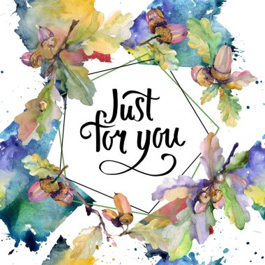 Meşe palamudu yeşil yaprakları ve fındık. Yaprak bitki botanik bahçe çiçek yaprakları. Suluboya arka plan illüstrasyon küme. Suluboya çizim moda aquarelle izole. Çerçeve kenarlığı süsleme Meydanı.