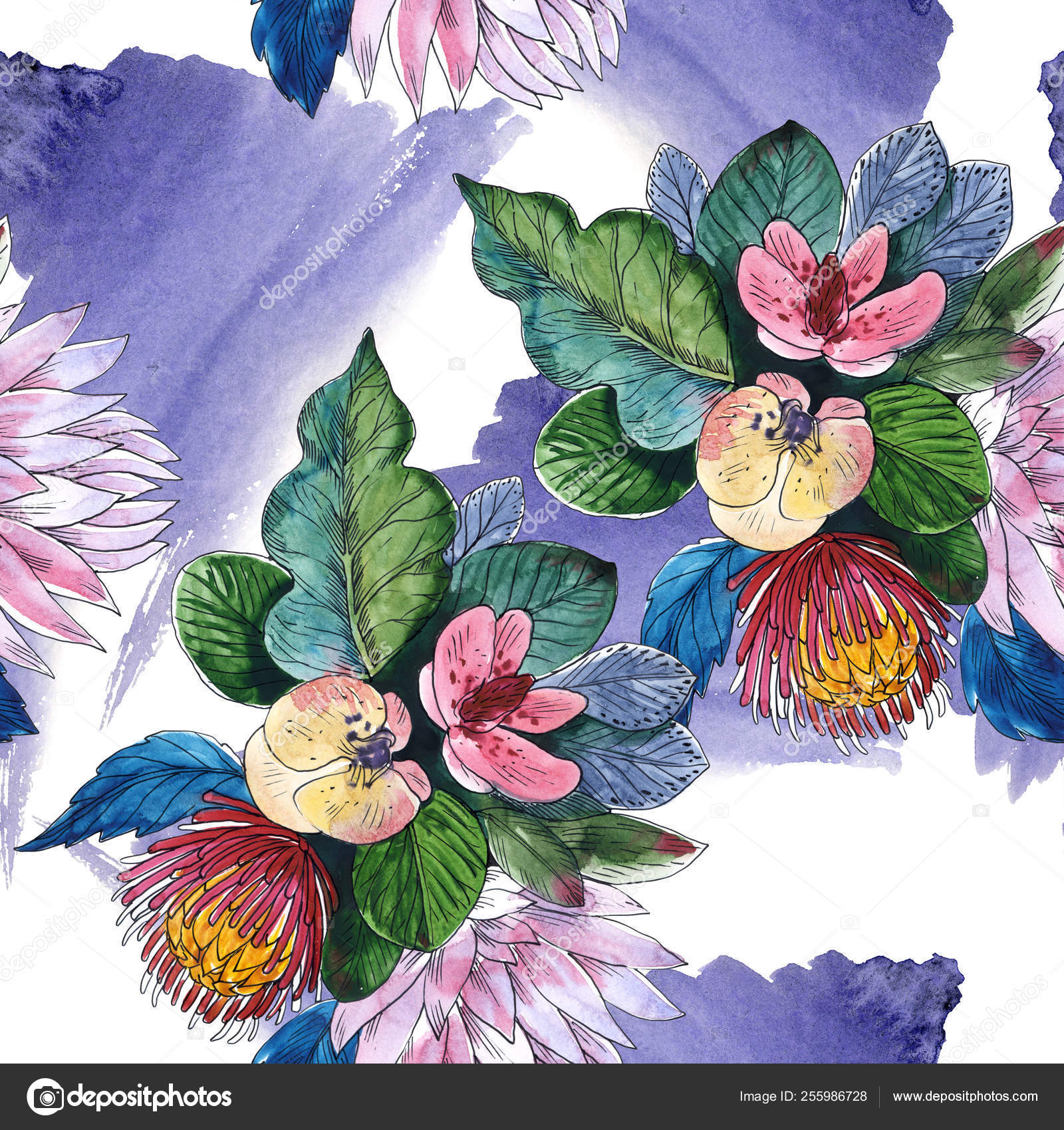 野花花束植物花野生春叶野花水彩插图集水彩画时尚水彩画无缝的背景模式 野花花束植物花野生春叶野花水彩插图集水彩画时尚水彩画无缝的背景模式