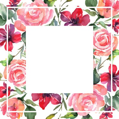 Pembe buket çiçek botanik çiçek gül. Vahşi bahar yaprak izole kır çiçeği. Suluboya arka plan illüstrasyon küme. Suluboya çizim moda aquarelle izole. Çerçeve kenarlığı süsleme Meydanı.