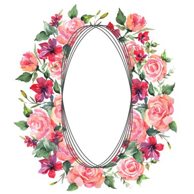 Pembe buket çiçek botanik çiçek gül. Vahşi bahar yaprak izole kır çiçeği. Suluboya arka plan illüstrasyon küme. Suluboya çizim moda aquarelle izole. Çerçeve kenarlığı süsleme Meydanı.