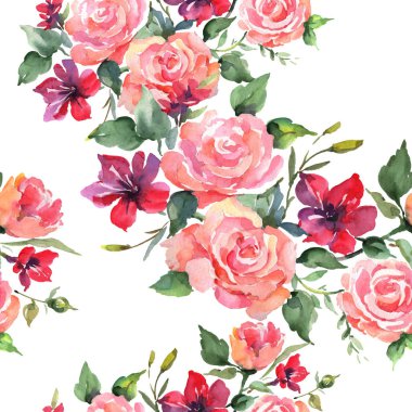 Pembe gül buketi botanik çiçek. Vahşi bahar yaprak kır çiçeği. Suluboya resim kümesi. Suluboya çizim moda aquarelle. Sorunsuz arka plan deseni. Kumaş duvar kağıdı yazdırma doku.