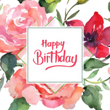 Pembe buket çiçek botanik çiçek gül. Vahşi bahar yaprak izole kır çiçeği. Suluboya arka plan illüstrasyon küme. Suluboya çizim moda aquarelle izole. Çerçeve kenarlığı süsleme Meydanı.