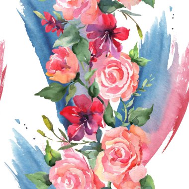 Pembe gül buketi botanik çiçek. Vahşi bahar yaprak kır çiçeği. Suluboya resim kümesi. Suluboya çizim moda aquarelle. Sorunsuz arka plan deseni. Kumaş duvar kağıdı yazdırma doku.