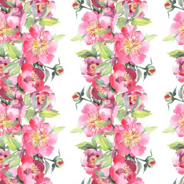 Pembe şakayık buket botanik çiçekleri. Vahşi bahar yaprağı yaban çiçeği. Suluboya illüstrasyon seti. Suluboya çizim moda Aquarelle. Kesintisiz arka plan deseni. Kumaş duvar kağıdı baskı doku.