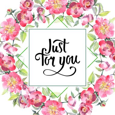 Pembe şakayık buket çiçek botanik çiçekler. Vahşi bahar yaprağı yaban çiçeği izole. Suluboya arka plan illüstrasyon seti. Suluboya çizim moda Aquarelle izole. Çerçeve kenarlık süsleme kare.