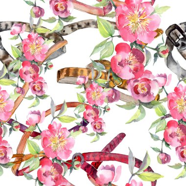 Pembe şakayık buket botanik çiçekleri. Vahşi bahar yaprağı yaban çiçeği. Suluboya illüstrasyon seti. Suluboya çizim moda Aquarelle. Kesintisiz arka plan deseni. Kumaş duvar kağıdı baskı doku.