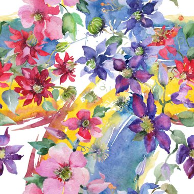 Clematis çiçek botanik çiçekleri buket. Vahşi bahar yaprağı yaban çiçeği. Suluboya illüstrasyon seti. Suluboya çizim moda Aquarelle. Kesintisiz arka plan deseni. Kumaş duvar kağıdı baskı doku.