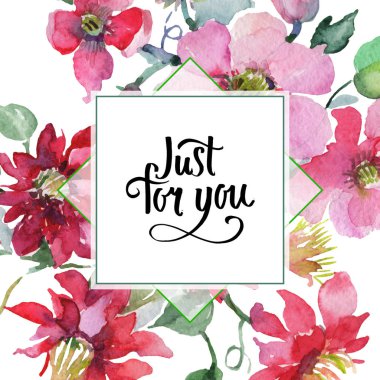 Clematis çiçek botanik çiçekleri buket. Vahşi bahar yaprağı yaban çiçeği izole. Suluboya arka plan illüstrasyon seti. Suluboya çizim moda Aquarelle izole. Çerçeve kenarlık süsleme kare.