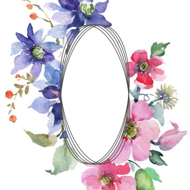 Clematis çiçek botanik çiçekleri buket. Vahşi bahar yaprağı yaban çiçeği izole. Suluboya arka plan illüstrasyon seti. Suluboya çizim moda Aquarelle izole. Çerçeve kenarlık süsleme kare.