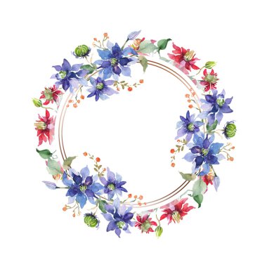 Clematis çiçek botanik çiçekleri buket. Vahşi bahar yaprağı yaban çiçeği izole. Suluboya arka plan illüstrasyon seti. Suluboya çizim moda Aquarelle izole. Çerçeve kenarlık süsleme kare.