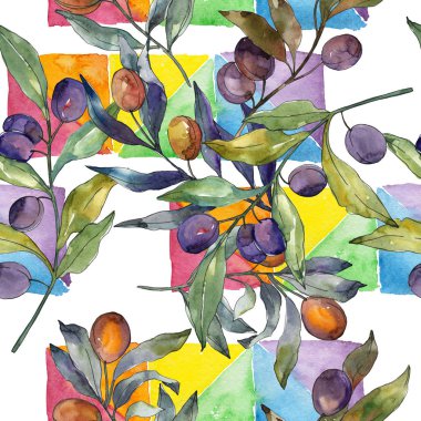 Siyah ve yeşil MEYVELERLE zeytin dalı. Suluboya arka plan illüstrasyon seti. Suluboya çizim moda Aquarelle izole. Kesintisiz arka plan deseni. Kumaş duvar kağıdı baskı doku.