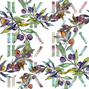 Siyah ve yeşil MEYVELERLE zeytin dalı. Suluboya arka plan illüstrasyon seti. Suluboya çizim moda Aquarelle izole. Kesintisiz arka plan deseni. Kumaş duvar kağıdı baskı doku.