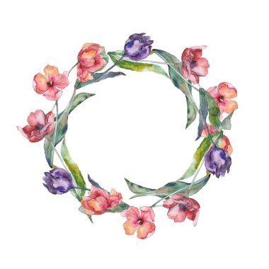 Kırmızı ve mor Lale Çiçek Botanik akıları. Vahşi bahar yaprağı yaban çiçeği izole. Suluboya arka plan illüstrasyon seti. Suluboya çizim moda Aquarelle. Çerçeve kenarlık süsleme kare.