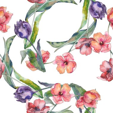 Kırmızı ve mor lale botanik akıları. Vahşi bahar yaprağı yaban çiçeği. Suluboya illüstrasyon seti. Suluboya çizim moda Aquarelle. Kesintisiz arka plan deseni. Kumaş duvar kağıdı baskı doku.