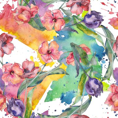 Kırmızı ve mor lale botanik akıları. Vahşi bahar yaprağı yaban çiçeği. Suluboya illüstrasyon seti. Suluboya çizim moda Aquarelle. Kesintisiz arka plan deseni. Kumaş duvar kağıdı baskı doku.