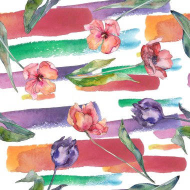 Kırmızı ve mor lale botanik akıları. Vahşi bahar yaprağı yaban çiçeği. Suluboya illüstrasyon seti. Suluboya çizim moda Aquarelle. Kesintisiz arka plan deseni. Kumaş duvar kağıdı baskı doku.