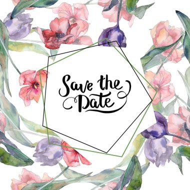 Kırmızı ve mor Lale Çiçek Botanik akıları. Vahşi bahar yaprağı yaban çiçeği izole. Suluboya arka plan illüstrasyon seti. Suluboya çizim moda Aquarelle. Çerçeve kenarlık süsleme kare.