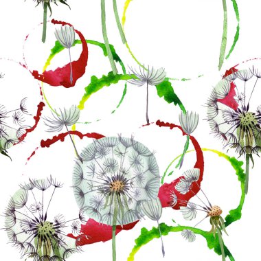 Tohumlarla Dandelion Blowball. Suluboya arka plan illüstrasyon seti. Suluboya çizim moda Aquarelle izole. Kesintisiz arka plan deseni. Kumaş duvar kağıdı baskı doku.