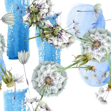Tohumlarla Dandelion Blowball. Suluboya arka plan illüstrasyon seti. Suluboya çizim moda Aquarelle izole. Kesintisiz arka plan deseni. Kumaş duvar kağıdı baskı doku.