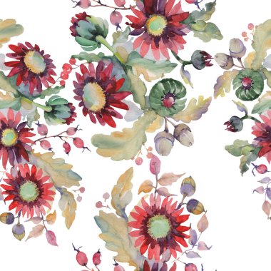 Kırmızı Aster ve palamut buket çiçek botanik çiçekler. Suluboya illüstrasyon seti. Suluboya çizim moda Aquarelle. Kesintisiz arka plan deseni. Kumaş duvar kağıdı baskı doku.