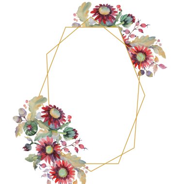 Kırmızı Aster ve palamut buket çiçek botanik çiçekler. Vahşi bahar yaprağı yaban çiçeği. Suluboya arka plan illüstrasyon seti. Suluboya çizim moda Aquarelle. Çerçeve kenarlık süsleme kare.