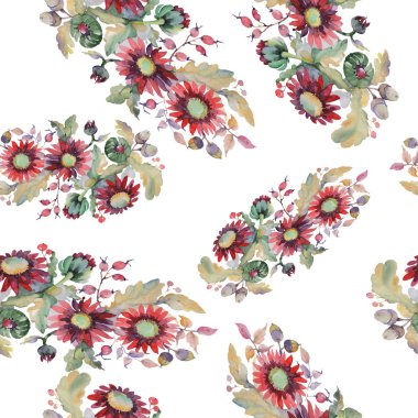Kırmızı Aster ve palamut buket çiçek botanik çiçekler. Suluboya illüstrasyon seti. Suluboya çizim moda Aquarelle. Kesintisiz arka plan deseni. Kumaş duvar kağıdı baskı doku.