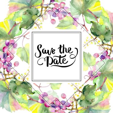 Üzüm meyve sağlıklı gıda. Suluboya arka plan illüstrasyon seti. Çerçeve kenarlık süsleme kare.