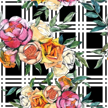 Yaban çiçekleri buket botanik çiçekleri. Vahşi bahar yaprağı yaban çiçeği. Suluboya illüstrasyon seti. Suluboya çizim moda Aquarelle. Kesintisiz arka plan deseni. Kumaş duvar kağıdı baskı doku.