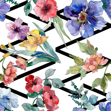 Lüks moda kır çiçekleri ile yazdırır. Suluboya arka plan illüstrasyon küme. Sorunsuz arka plan deseni.