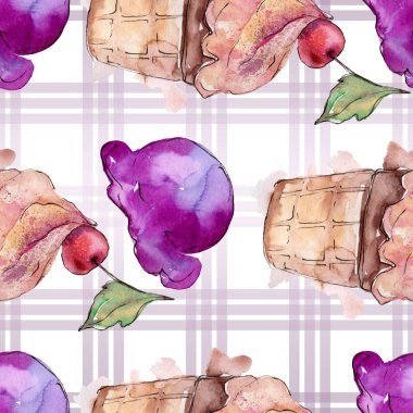 Sulu Boya stilinde lezzetli dondurma. Aquarelle şekerli tatlı şekilde ayarlayın. Sorunsuz arka plan deseni.