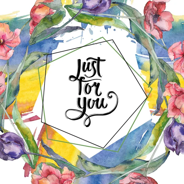 Kırmızı ve mor Lale Çiçek Botanik akıları. Vahşi bahar yaprağı yaban çiçeği izole. Suluboya arka plan illüstrasyon seti. Suluboya çizim moda Aquarelle. Çerçeve kenarlık süsleme kare.