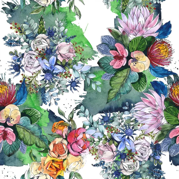 Wildblumen Strauß blumige botanische Blumen. Aquarell Hintergrundillustration Set. nahtloses Hintergrundmuster. — Stockfoto