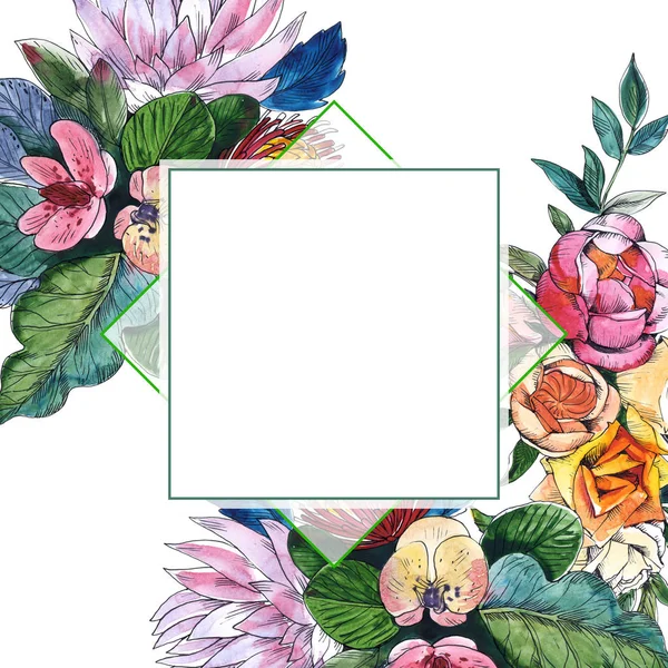 Wildflowers bukett blommiga botaniska blommor. Akvarell bakgrunds illustration uppsättning. Ram kant linje prydnad kvadrat. — Stockfoto