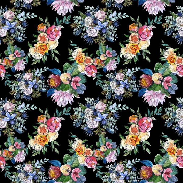 Wildflowers bouquet floral botanical flowers. Watercolor background illustration set. Seamless background pattern. — Stock Photo, Image