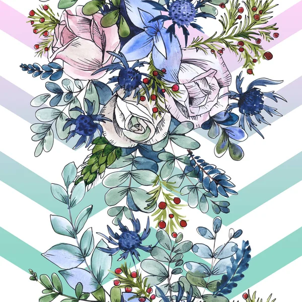 ワイルドフラワーブーケ花の植物の花。水彩画背景イラストセット。シームレスな背景パターン. — ストック写真